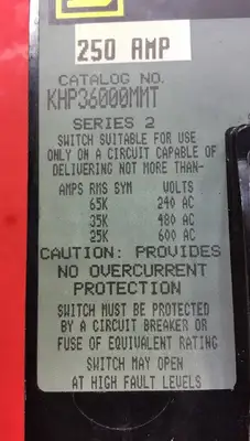 SQUARE D BREAKER 250 AMP 600 VAC 250 VDC 3 POLE KHP36000MMT SERIES 2 4E-4