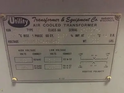 UTILITY AIR COOLED 20 KVA SINGLE-PHASE TRANSFORMER