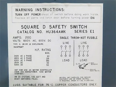 Square D HU364AWK Non-Fusible Safety Switch Ser. E1 200A 600VAC/DC 150HP Used