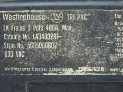 Westinghouse LA3400PRF Tri-Pac Circuit Breaker 3-Pole 400A 600VAC No Lugs