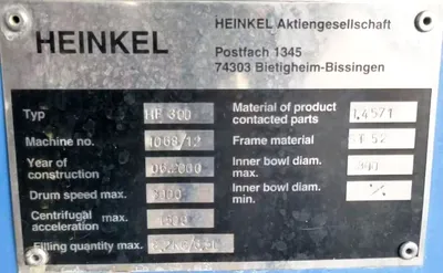 Heinkel HF 300 Inverting Filter centrifuge, 316SS.