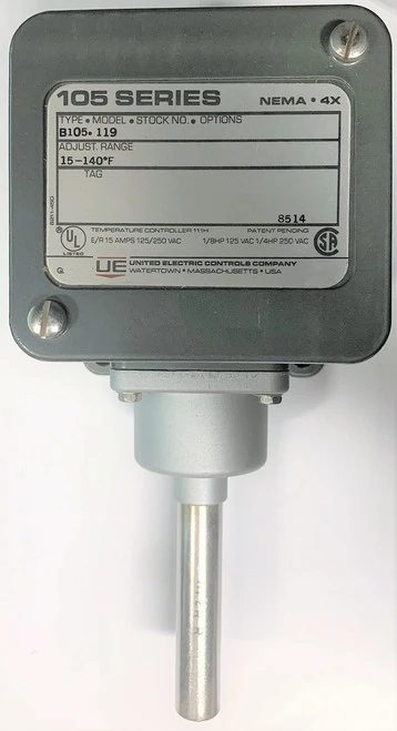 UE United Electric B105-119 Temperature Switch, 15 to 140 deg F Range, 1 SPDT [New]