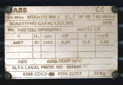Alfa-Laval P-626 lube oil purifier, 316SS.