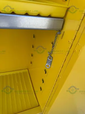 USED JUSTRITE 45 GALLON FLAMMABLE LIQUID STORAGE CABINET W/ SOFT CLOSE DOORS, KEY