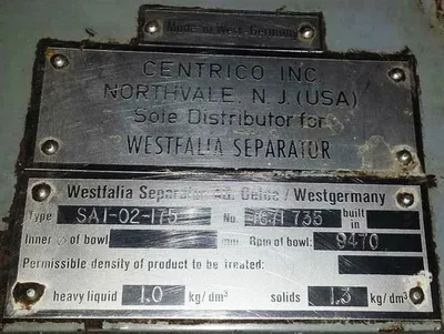 Westfalia SA 1-02-175 pilot plant separator, 316SS.