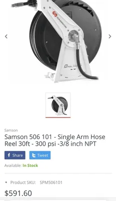 Samson 506 101 - Single Arm Hose Reel 30ft - 300 Psi- 3/8in NPT