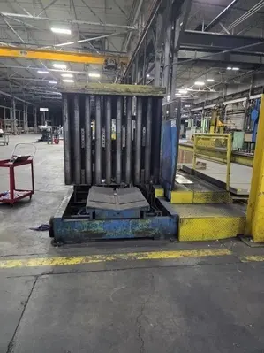 20,000 LBS X 54" X 36" BRANER HYDRAULIC COIL CAR UPENDER WITH POWER FEED CONVEYOR: YOBRO #25238