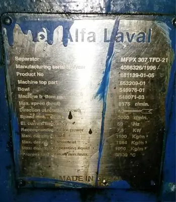 Alfa-Laval MFPX 307 TFD-21 oil purifier, 316SS.