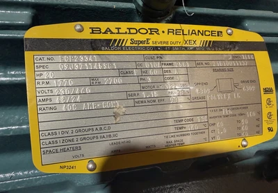 20 hp Baldor Motor, new surplus, Cat. no. ECP2334T, 1770 rpm, Frame 256T