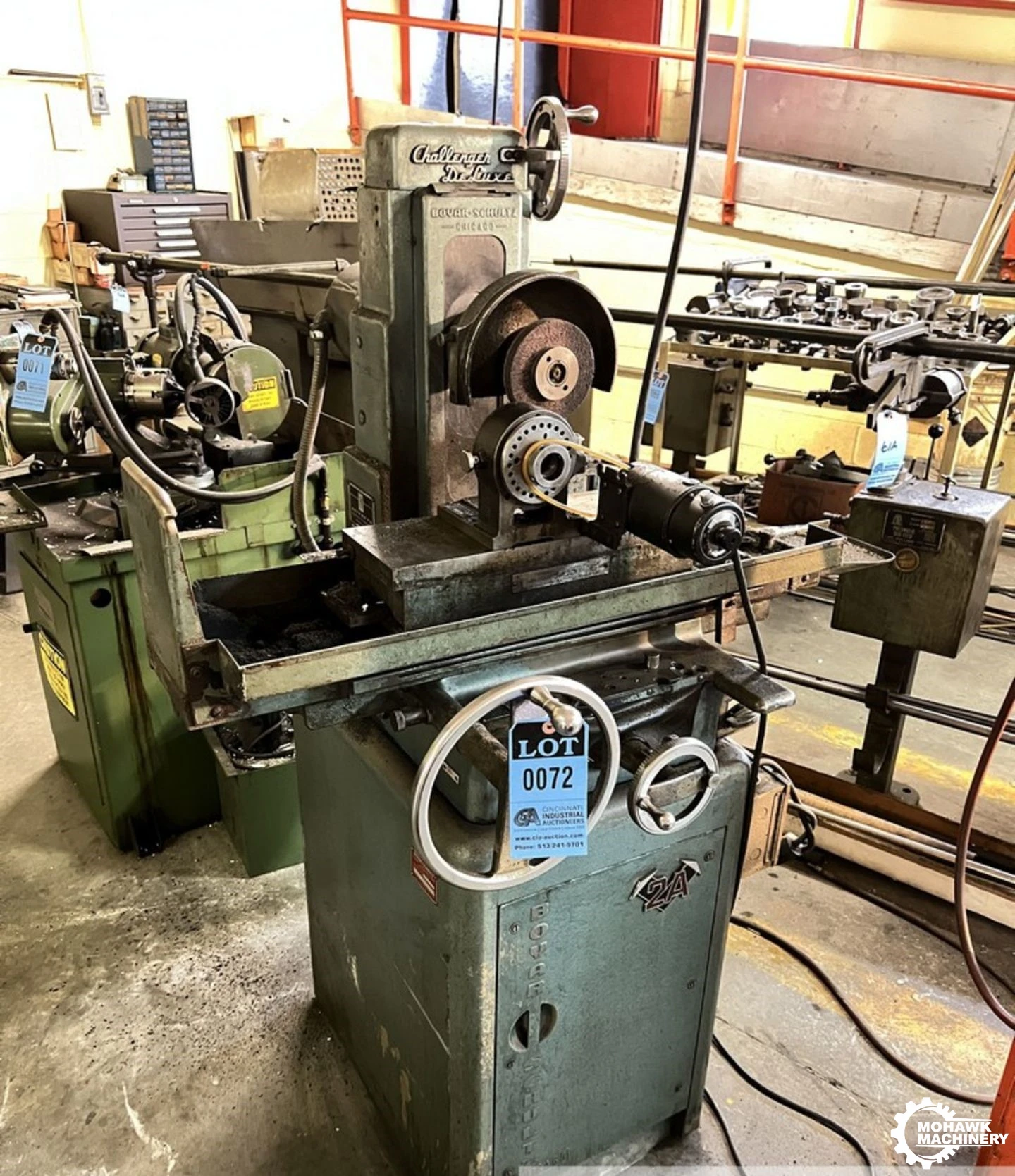 6" X 12" BOYAR-SCHULTZ HAND-FEED "CHALLENGER DELUXE" HORIZONTAL SPINDLE SURFACE GRINDER w/A&B TOOL RELIEF GRINDING ATTACHMENT