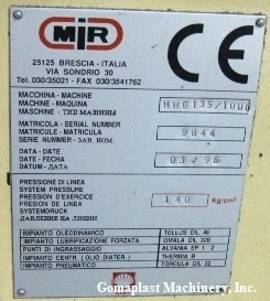 135 Ton/1000cc MIR Injection Press, Item # 1291