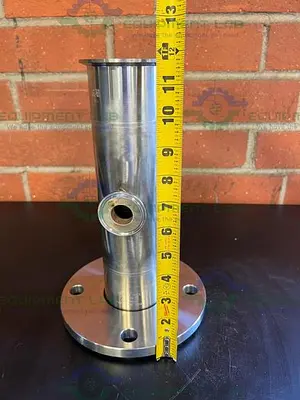 USED MAX PURE 316 STAINLESS STEEL TEE W/ 3" SANITARY FITTING TO 5" FLANGE