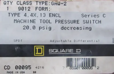 NEW SQUARE D 9012-GAW-2 PRESSURE SWITCH 9012GAW2