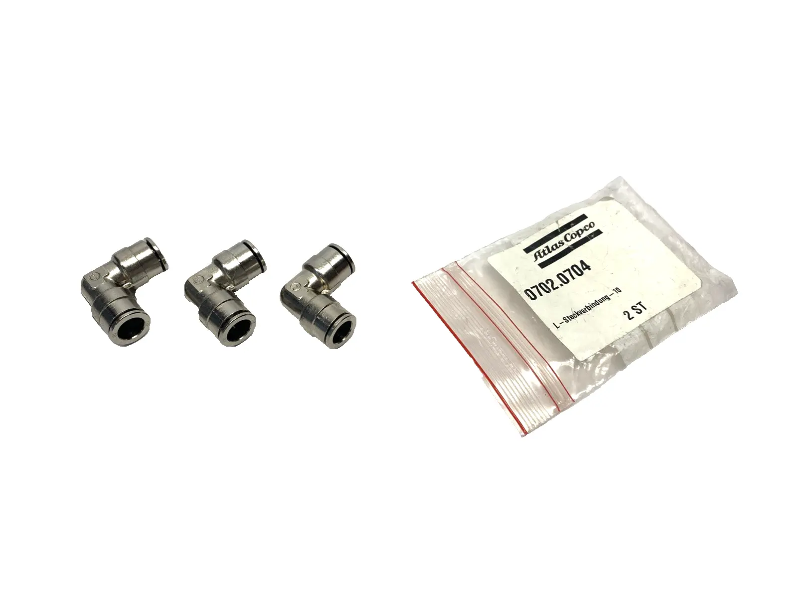 0702.0704, 702.0704 | Atlas Copco 0702.0704 Elbow L Fitting, 10mm Push Connect, 702.0704 LOT OF 3 - New