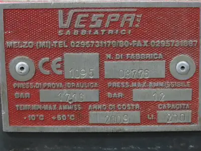 Vespa Sabbiatrici VSP 200 Sandblasting Machine 200L 12 Bar Blasting Tank Only