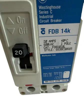 NEW WESTINGHOUSE FDB2020L CIRCUIT BREAKER FDB14K SERIES C 20 AMP 2 POLE 600V