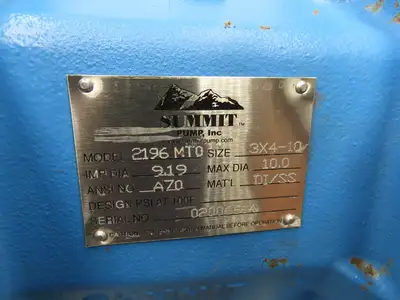 Summit 2196 MTO Centrifugal Pump 3x4x10" SS Impeller 600GPM 380'H 15Hp 3PH Motor