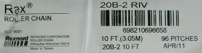 NEW REXNORD 20B-2 RIV ROLLER CHAIN 10FT 20BK-2Rx10F 20B2