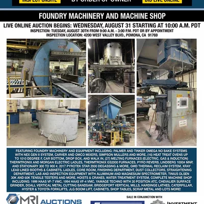 LIVE ONLINE AUCTION FOUNDRY MACHINERY AND MACHINE SHOP – BY ORDER OF OWNER