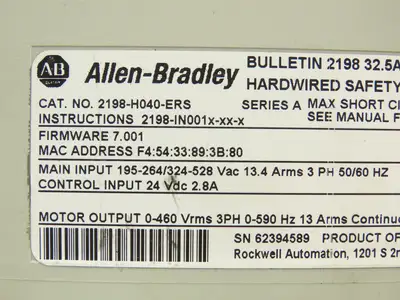 Allen Bradley 2198-H040-ERS Kinetix 5500 Servo Drive 4.0/8.3kW F/W 7.013