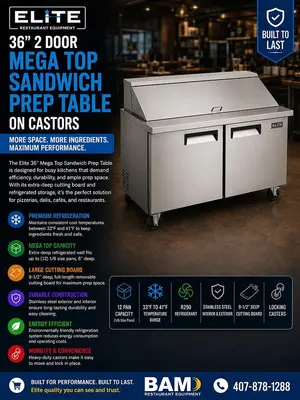 Elite Stainless Steel 2 Door 36" Mega Top Sandwich Prep Table on Castors