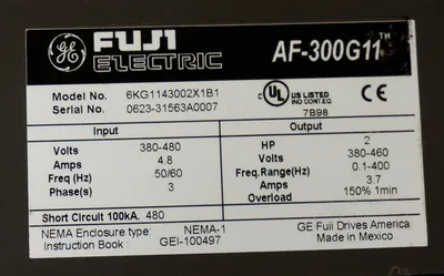 FUJI ELECTRIC AF-300G11 VARIABLE SPEED DRIVE 2HP, 6KG1143002X1B1, AF300G11