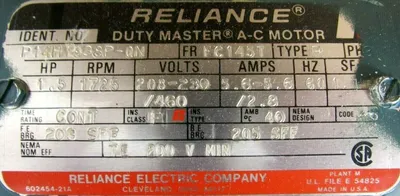 NEW RELIANCE ELECTRIC P14H1938P-QN MOTOR 1.5HP 1725RPM 7/8" F52A0604M-QN