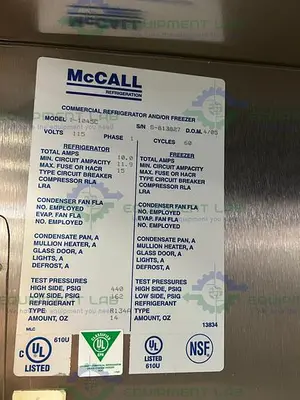 USED MCCALL 1-1045C DOUBLE DOOR STAINLESS STEEL REFRIGERATOR 49 CU, FT., 115V