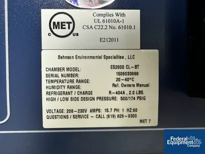 Used Environmental Specialties Bahnson Environmental Specialties Stability Chamber, Model ES2000 Incubators Ohio US | Federal Equipment Company #420433