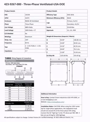 New 150 KVA Dry Type Transformer 480 Delta 240 Delta CT120 10 Year Warranty 423-9267-000 FREE SHIPPING