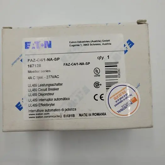 New | in-Stock EATON EATON CIRCUIT BREAKER FAZ-C4/1-NA-SP 4A 1 POLE 277 VAC 167128 Circuit Breakers | ND Industrial Surplus #1221887