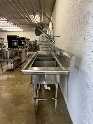 Used Falcon Restaurant Supply Used 108" Stainless 4 compartment Sink with 2 Sprayers and Twist Drains - FG Sinks Illinois US | Falcon Restaurant Supply #1374934