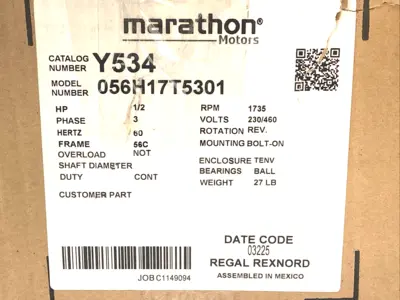 USED MARATHON MOTORS BLACK MAX 3 PHASE 1/2HP MOTOR 230/460V