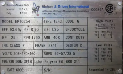 NEW MOTORS & DRIVES INTERNATIONAL EPT0254 MOTOR 25HP 284T 208-230/460V 1760RPM