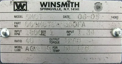 NEW WINSMITH 5MCT GEAR REDUCER 40:1 005MCTS41000FA