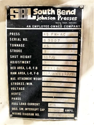 USED 1983 SOUTH BEND JOHNSON SOUTH BEND JOHNSON 45 FW-AC PRESS