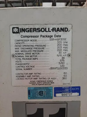 USED INGERSOLL RAND – SSR-HXP30SE, 30HP HIGH PRESSURE COMPRESSOR