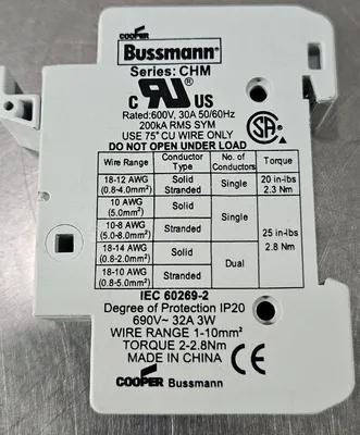 Bussmann CHM Fuse Block - Rated:600V, 30A 50/60Hz200kA - Lot of 2. Loc 4C-3