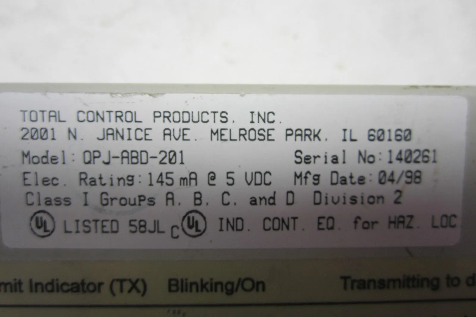 USED TOTAL CONTROLS QPJ-ABD-201 QUICK PANEL MODULE QPJABD201