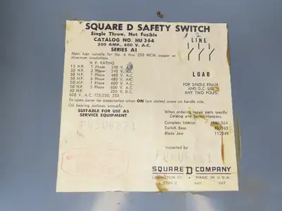 Square D HU364 200A 600V Single Throw Disconnect Safety Switch Disconnect