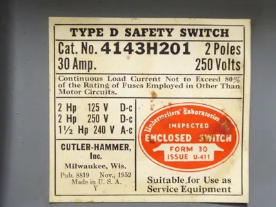 Cutler Hammer 4143H201 Fusible Safety Switch 30 Amps 250VAC 2 Poles Used