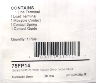 NEW SIEMENS 75FP14 CONTACT KIT 1 POLE SIZE 2