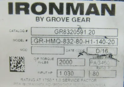 NEW GROVE GEAR GR-HMQ-832-80-H1-140-20 GEAR REDUCER 80:1 GR8320591.20