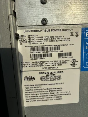 Eaton 93PM-100-2 100 KW UPS System with Internal Batteries 480 VAC 50/60Hz