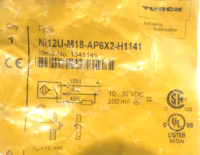 NEW TURCK NI12U-M18-AP6X2-H1141 INDUCTIVE SENSOR 1345145 NI12UM18AP6X2H1141