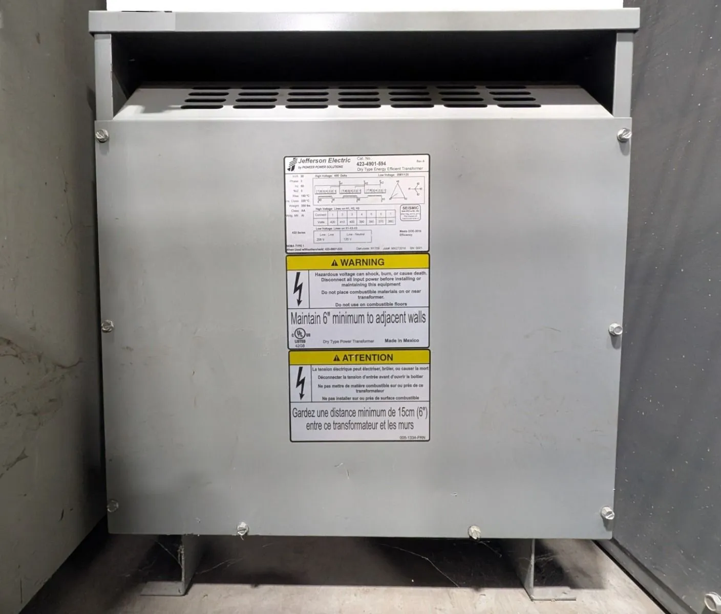 Jefferson 423-4901-594 Dry Type Transformer 30 kVA 400 Delta to 208Y/120 TESTED