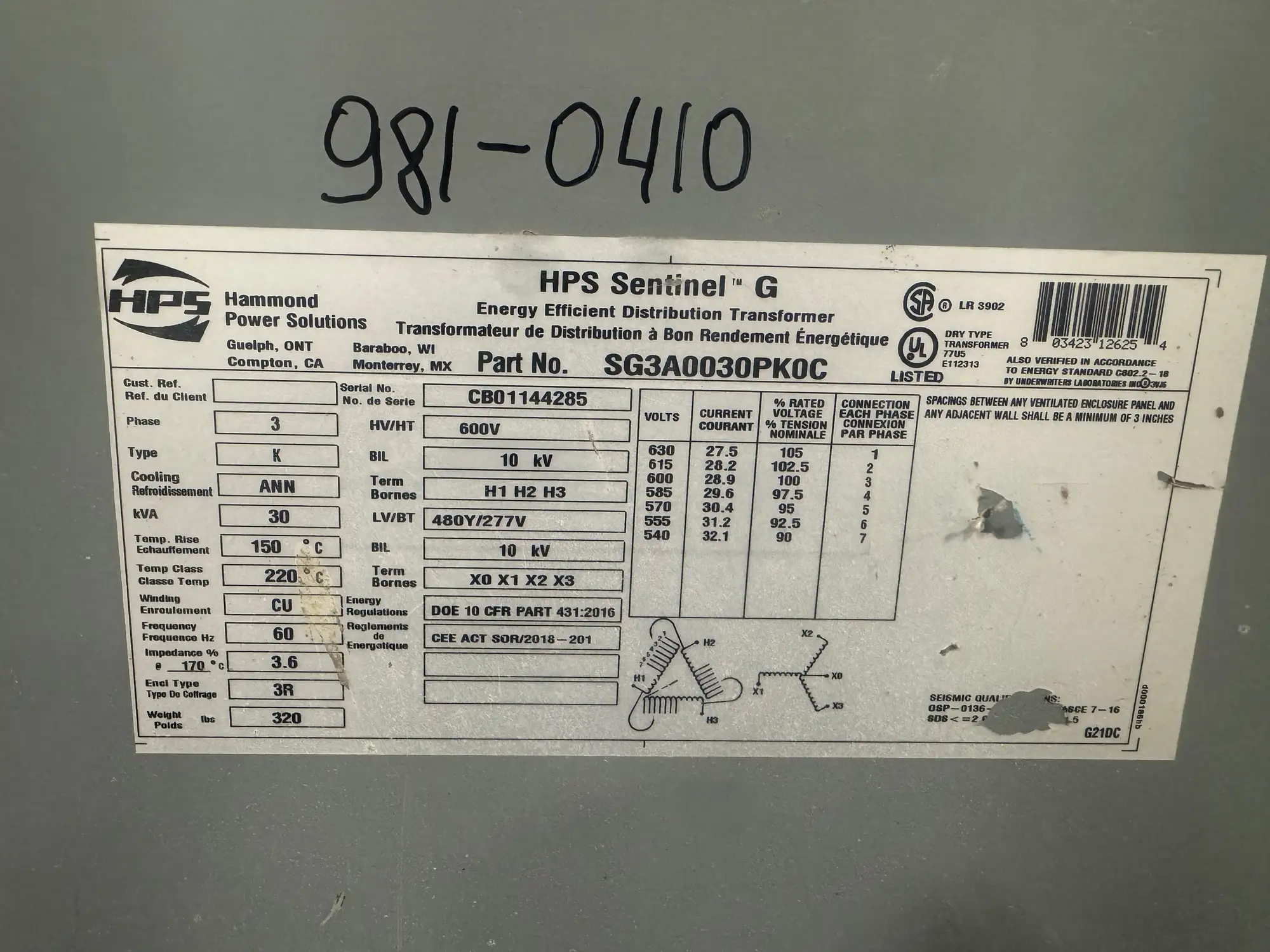 30 KVA 600V to 480Y/277V Isolation Transformer