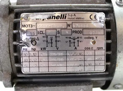 Carpanelli Motors MOT3-M56B4-TROP., 50/60Hz, 0.15HP, 255/440V, 0.77A, 1660RPM