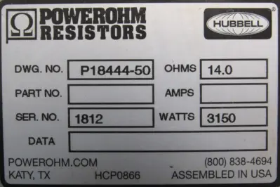 NEW HUBBELL P18444-50 BRAKING RESISTOR 3150W P1844450