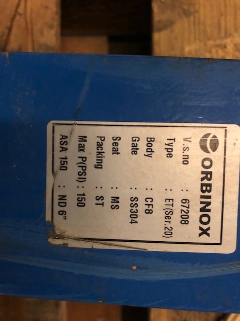 6" 150# Orbinox Knife Gate Valve Air Operated New Storeroom Spare